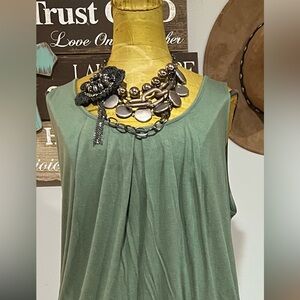 Sunny Leigh Olive Green Sleeveless Pleated Tunic and amazing necklace